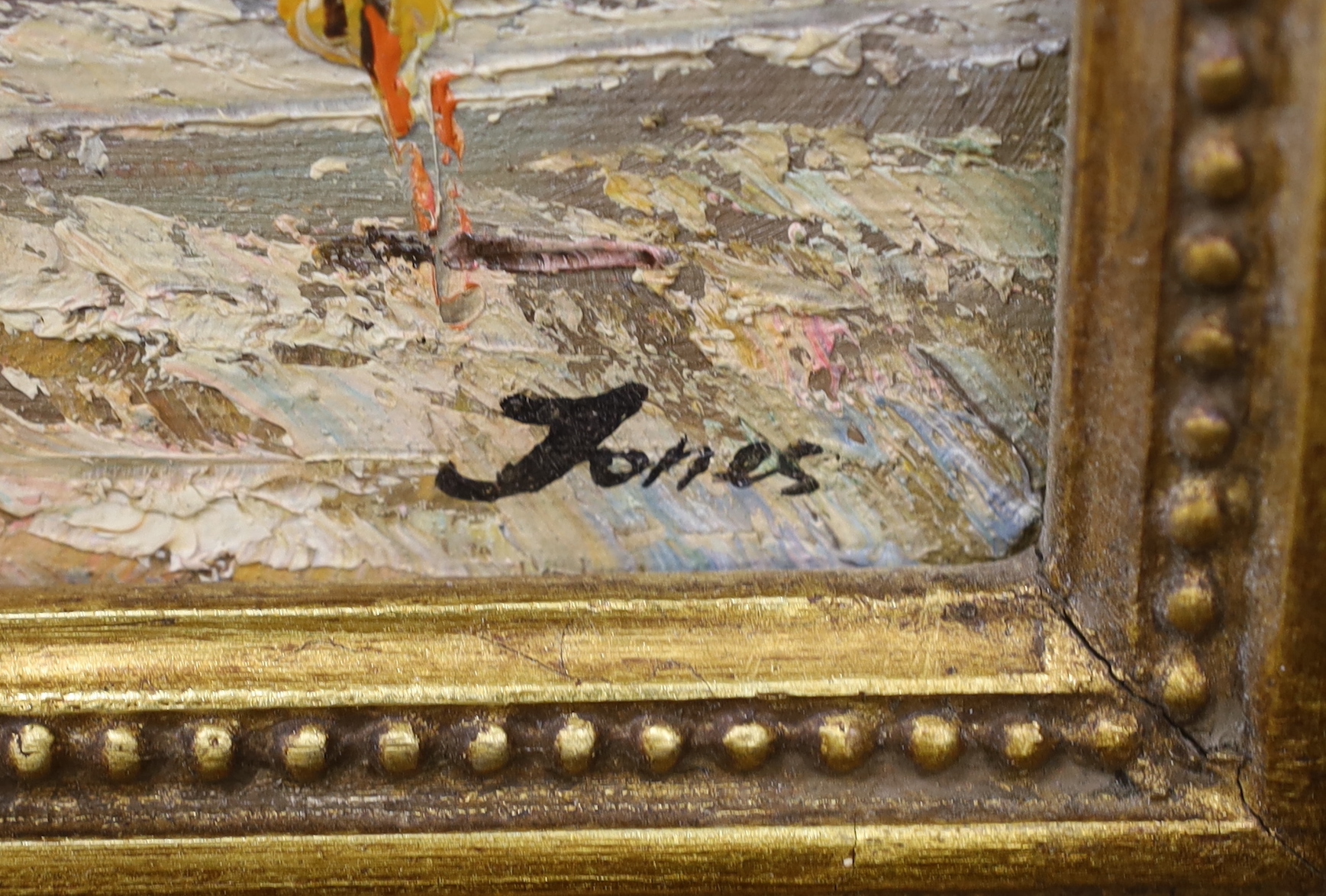 Jones, impasto oil on board, Parisian street scene with figures, signed, 24 x 19cm